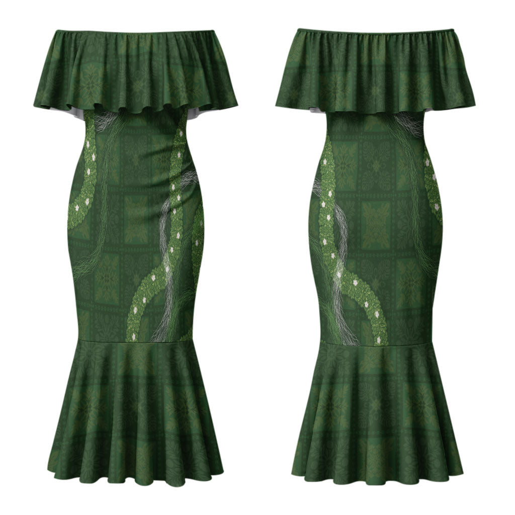 Hawaiian Quilt Couples Matching Mermaid Dress and Hawaiian Shirt Pele Hair Hinahina Lei Green Version LT05 - Polynesian Pride