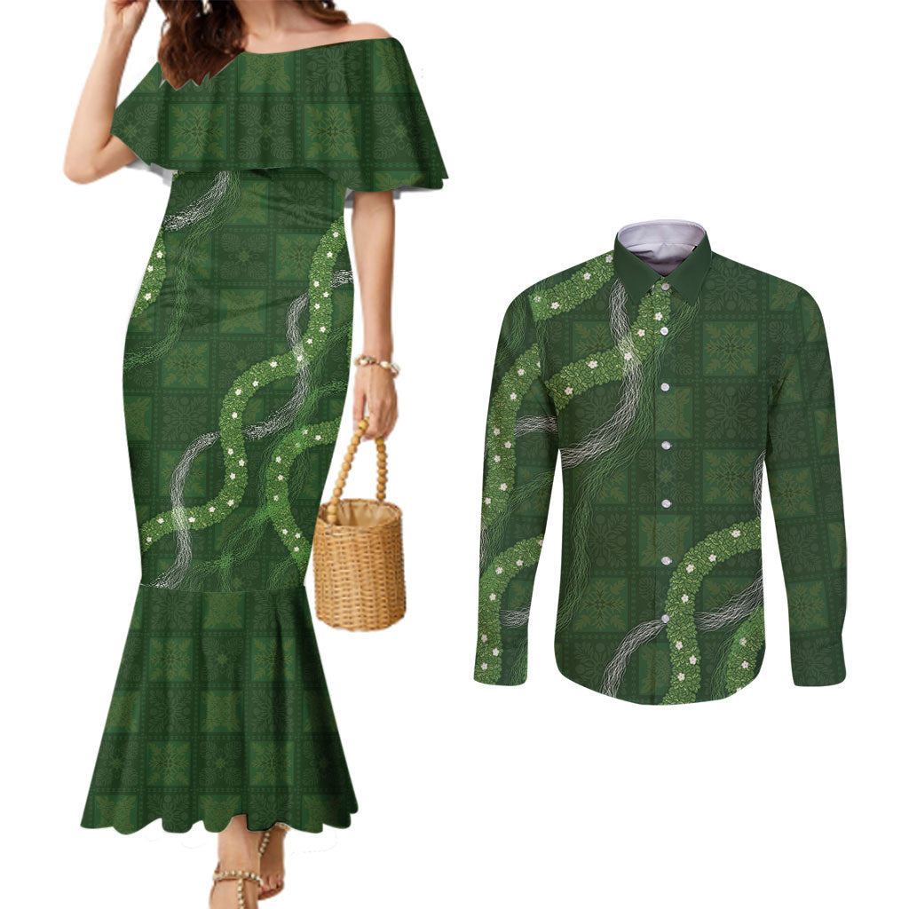 Hawaiian Quilt Couples Matching Mermaid Dress and Long Sleeve Button Shirt Pele Hair Hinahina Lei Green Version