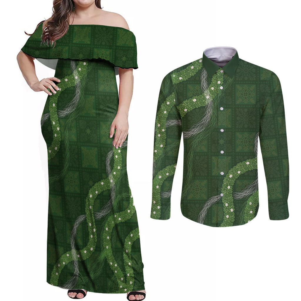 Hawaiian Quilt Couples Matching Off Shoulder Maxi Dress and Long Sleeve Button Shirt Pele Hair Hinahina Lei Green Version