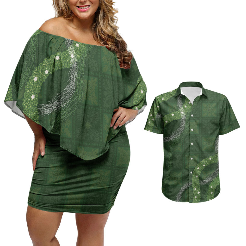 Hawaiian Quilt Couples Matching Off Shoulder Short Dress and Hawaiian Shirt Pele Hair Hinahina Lei Green Version LT05 Green - Polynesian Pride