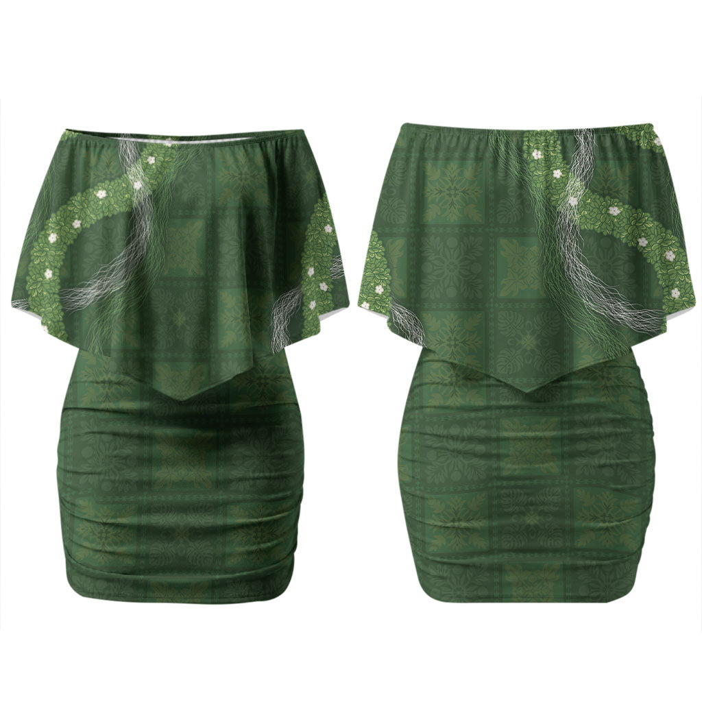 Hawaiian Quilt Couples Matching Off Shoulder Short Dress and Hawaiian Shirt Pele Hair Hinahina Lei Green Version LT05 - Polynesian Pride