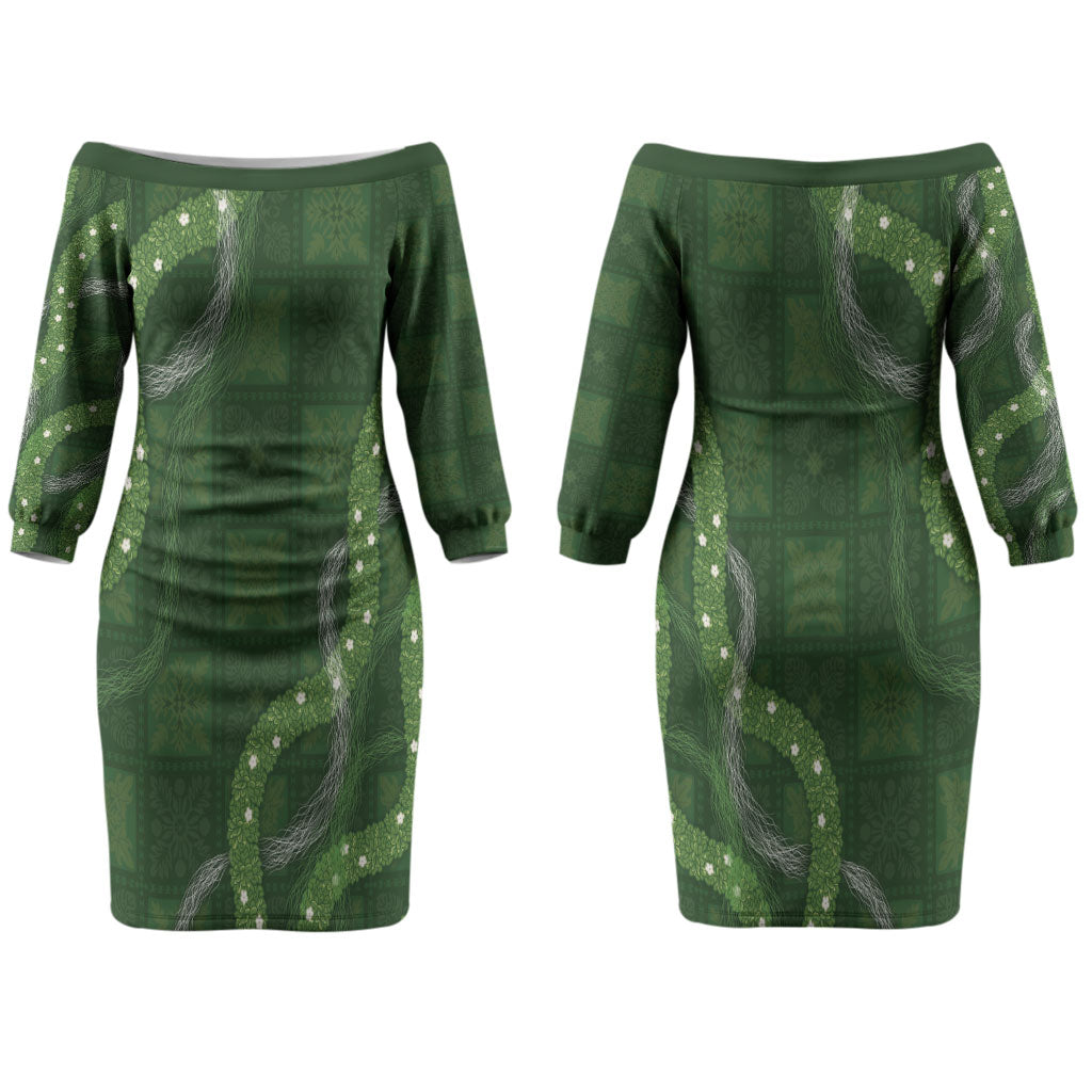 Hawaiian Quilt Couples Matching Off The Shoulder Long Sleeve Dress and Hawaiian Shirt Pele Hair Hinahina Lei Green Version LT05 - Polynesian Pride
