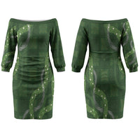 Hawaiian Quilt Couples Matching Off The Shoulder Long Sleeve Dress and Long Sleeve Button Shirt Pele Hair Hinahina Lei Green Version LT05 - Polynesian Pride