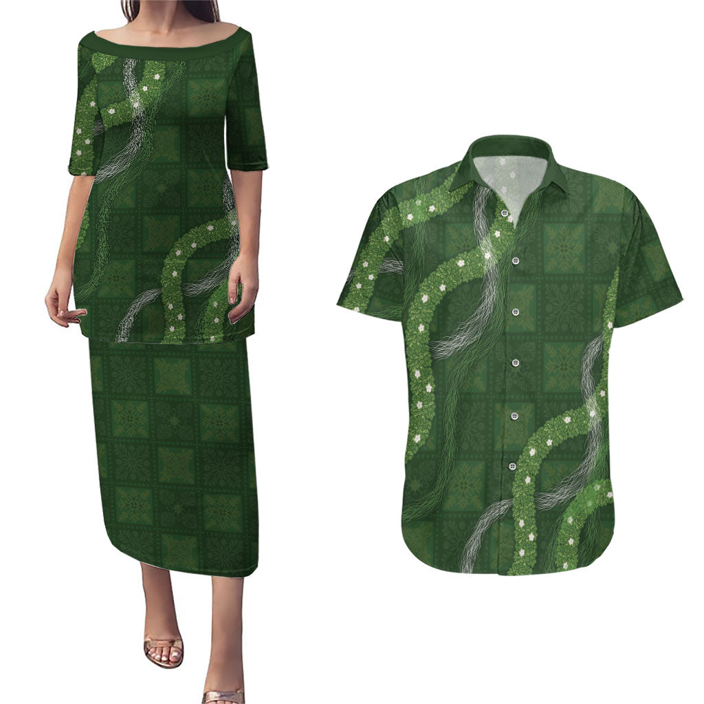 Hawaiian Quilt Couples Matching Puletasi and Hawaiian Shirt Pele Hair Hinahina Lei Green Version