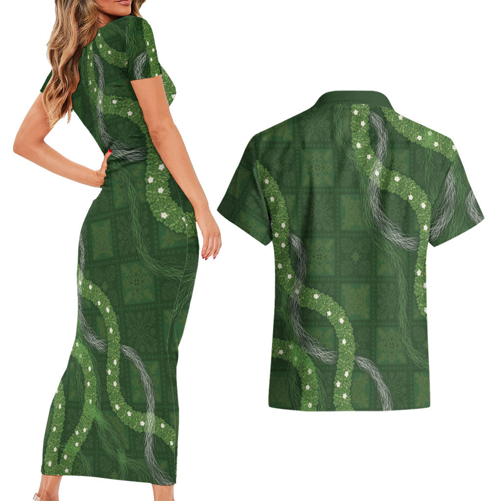 Hawaiian Quilt Couples Matching Short Sleeve Bodycon Dress and Hawaiian Shirt Pele Hair Hinahina Lei Green Version