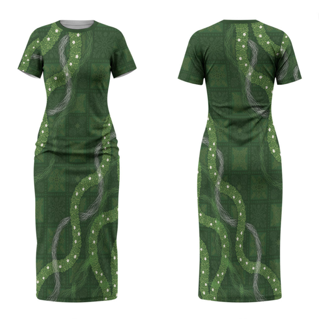 Hawaiian Quilt Couples Matching Short Sleeve Bodycon Dress and Long Sleeve Button Shirt Pele Hair Hinahina Lei Green Version LT05 - Polynesian Pride