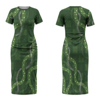 Hawaiian Quilt Couples Matching Short Sleeve Bodycon Dress and Long Sleeve Button Shirt Pele Hair Hinahina Lei Green Version LT05 - Polynesian Pride