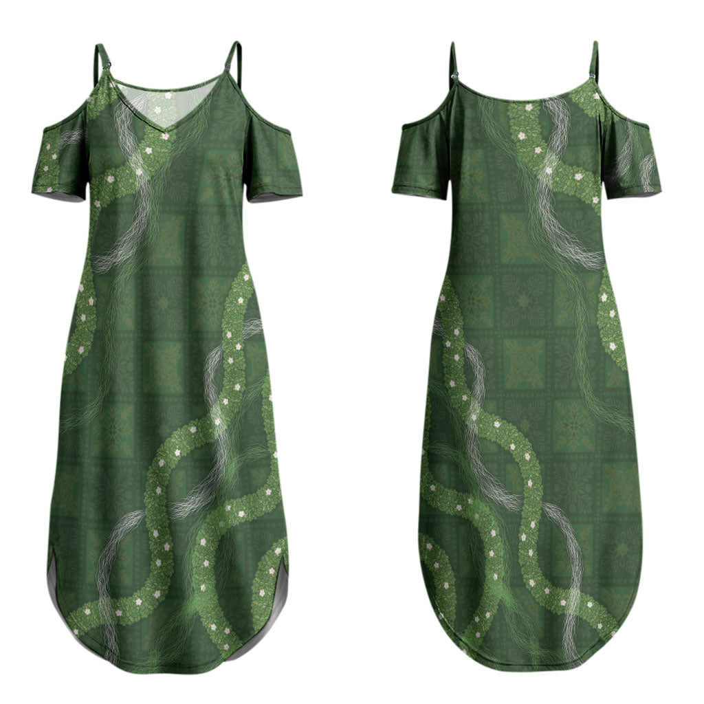 Hawaiian Quilt Couples Matching Summer Maxi Dress and Hawaiian Shirt Pele Hair Hinahina Lei Green Version LT05 - Polynesian Pride
