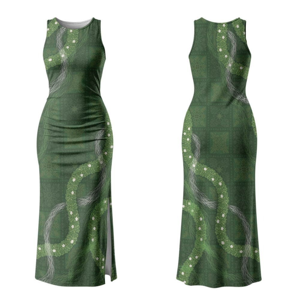 Hawaiian Quilt Couples Matching Tank Maxi Dress and Hawaiian Shirt Pele Hair Hinahina Lei Green Version LT05 - Polynesian Pride