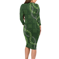 Hawaiian Quilt Family Matching Long Sleeve Bodycon Dress and Hawaiian Shirt Pele Hair Hinahina Lei Green Version