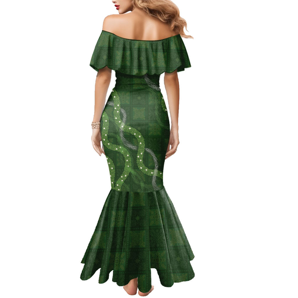 Hawaiian Quilt Family Matching Mermaid Dress and Hawaiian Shirt Pele Hair Hinahina Lei Green Version