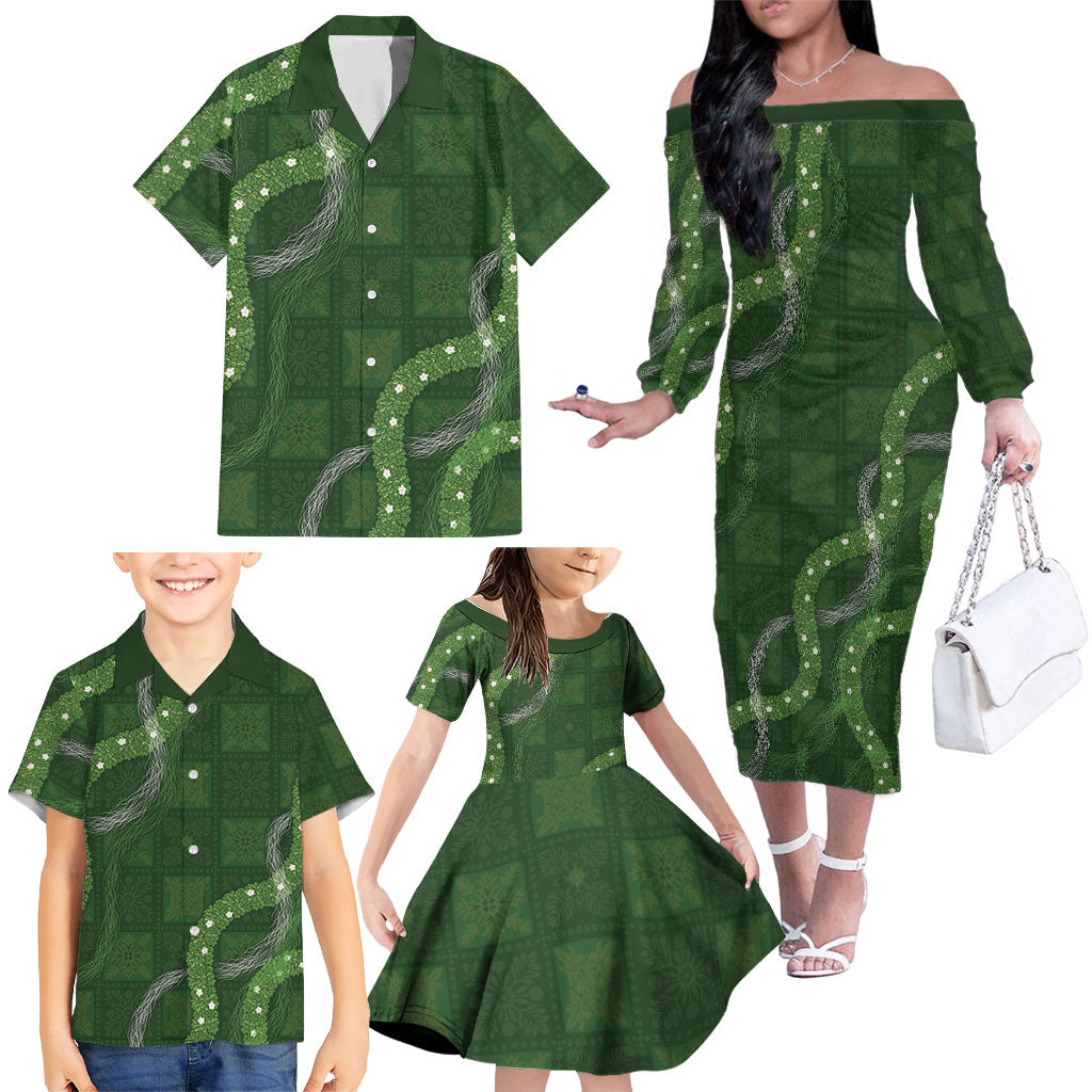 Hawaiian Quilt Family Matching Off The Shoulder Long Sleeve Dress and Hawaiian Shirt Pele Hair Hinahina Lei Green Version