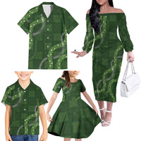 Hawaiian Quilt Family Matching Off The Shoulder Long Sleeve Dress and Hawaiian Shirt Pele Hair Hinahina Lei Green Version