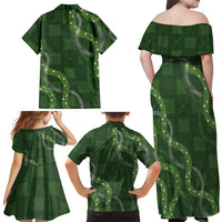 Hawaiian Quilt Family Matching Off Shoulder Maxi Dress and Hawaiian Shirt Pele Hair Hinahina Lei Green Version