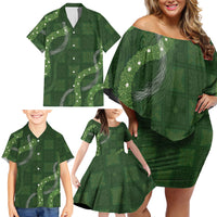 Hawaiian Quilt Family Matching Off Shoulder Short Dress and Hawaiian Shirt Pele Hair Hinahina Lei Green Version