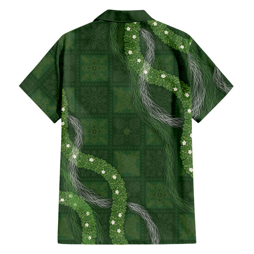 Hawaiian Quilt Family Matching Off Shoulder Short Dress and Hawaiian Shirt Pele Hair Hinahina Lei Green Version