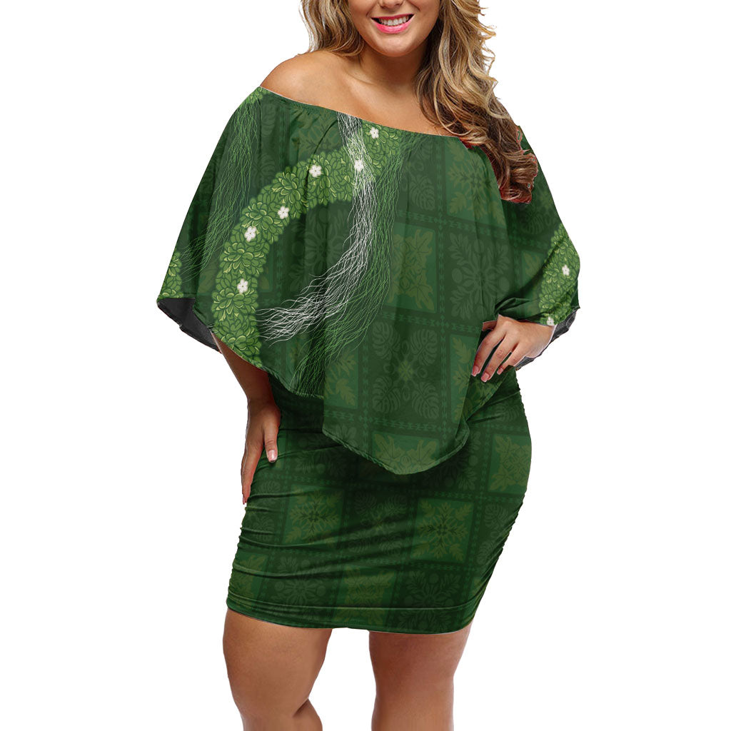 Hawaiian Quilt Family Matching Off Shoulder Short Dress and Hawaiian Shirt Pele Hair Hinahina Lei Green Version