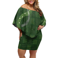Hawaiian Quilt Family Matching Off Shoulder Short Dress and Hawaiian Shirt Pele Hair Hinahina Lei Green Version