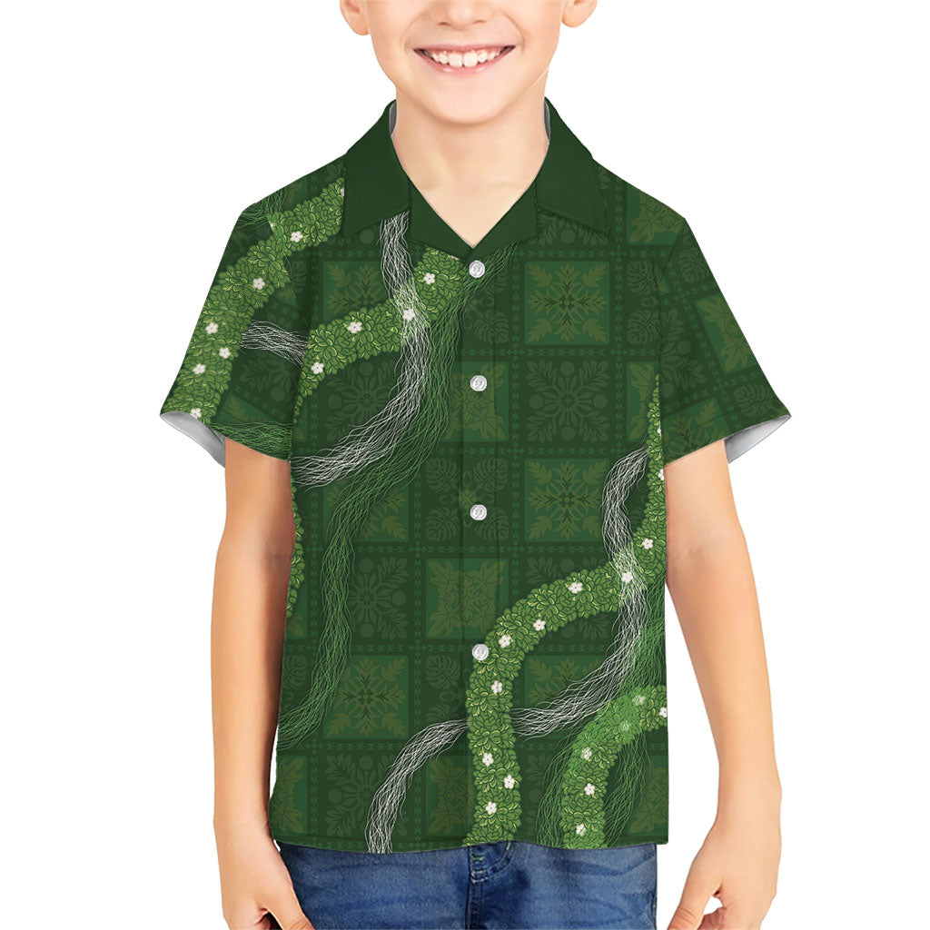 Hawaiian Quilt Family Matching Off Shoulder Short Dress and Hawaiian Shirt Pele Hair Hinahina Lei Green Version