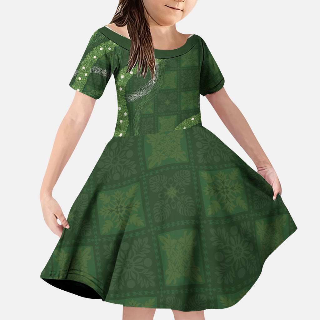 Hawaiian Quilt Family Matching Short Sleeve Bodycon Dress and Hawaiian Shirt Pele Hair Hinahina Lei Green Version
