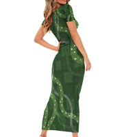 Hawaiian Quilt Family Matching Short Sleeve Bodycon Dress and Hawaiian Shirt Pele Hair Hinahina Lei Green Version