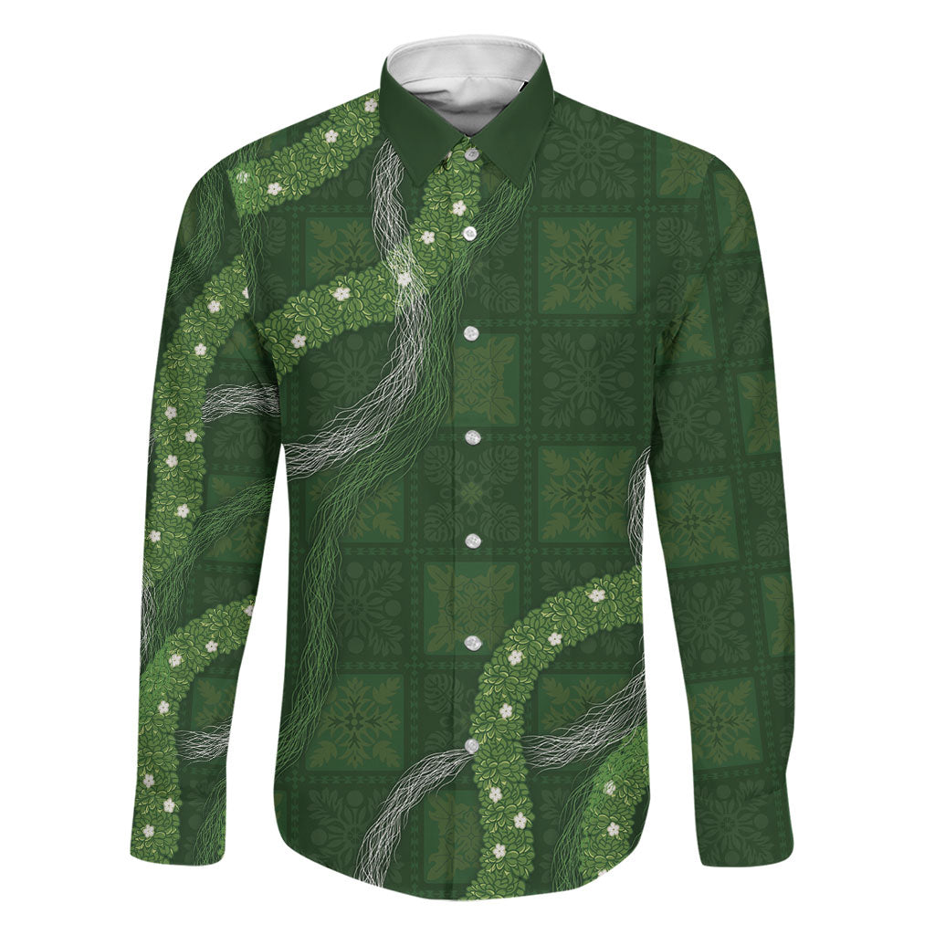 Hawaiian Quilt Family Matching Summer Maxi Dress and Hawaiian Shirt Pele Hair Hinahina Lei Green Version