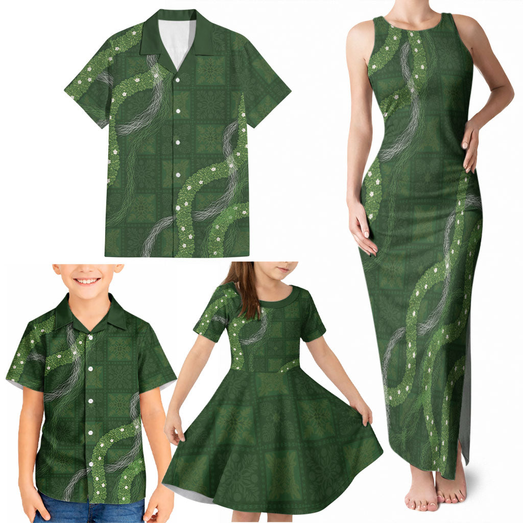 Hawaiian Quilt Family Matching Tank Maxi Dress and Hawaiian Shirt Pele Hair Hinahina Lei Green Version LT05 - Polynesian Pride
