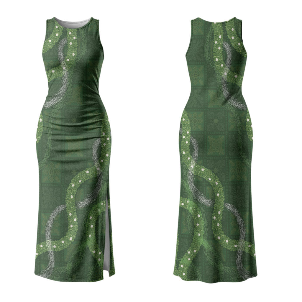 Hawaiian Quilt Family Matching Tank Maxi Dress and Hawaiian Shirt Pele Hair Hinahina Lei Green Version LT05 Mom's Dress Green - Polynesian Pride