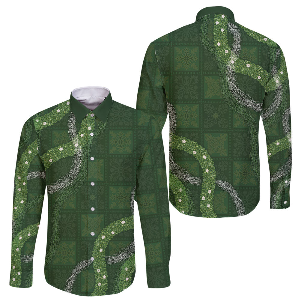 Hawaiian Quilt Family Matching Tank Maxi Dress and Hawaiian Shirt Pele Hair Hinahina Lei Green Version LT05 Dad's Shirt - Long Sleeve Green - Polynesian Pride