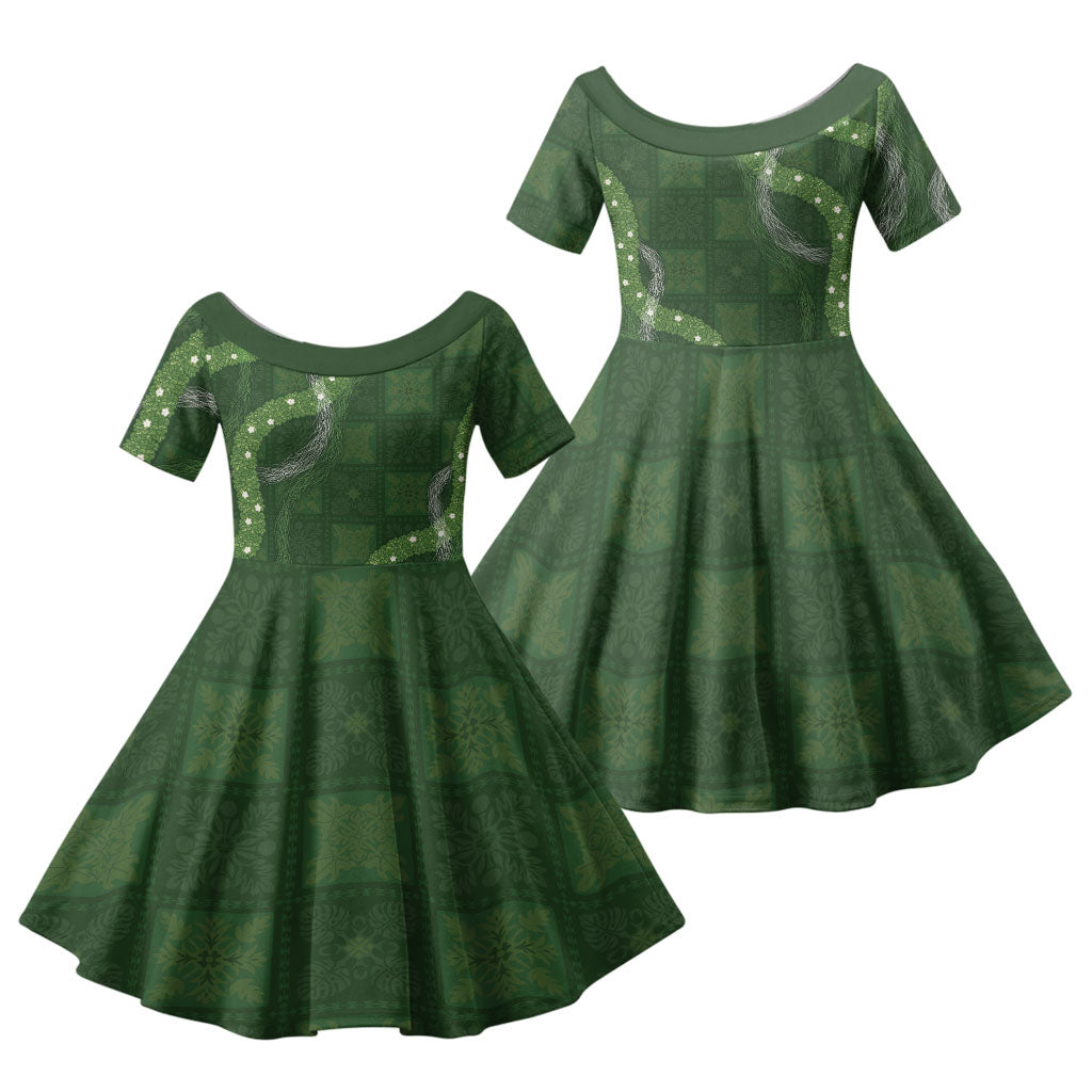 Hawaiian Quilt Family Matching Tank Maxi Dress and Hawaiian Shirt Pele Hair Hinahina Lei Green Version LT05 Daughter's Dress Green - Polynesian Pride