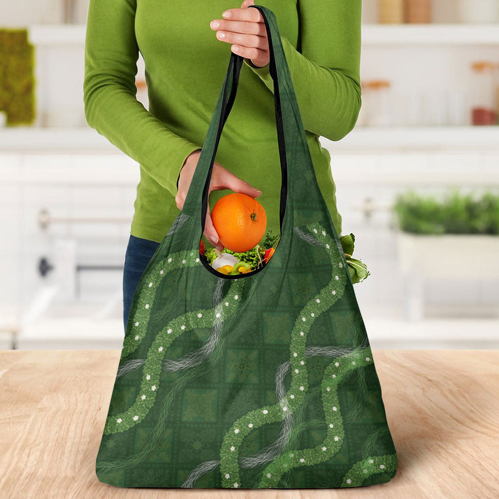 Hawaiian Quilt Grocery Bag Pele Hair Hinahina Lei Green Version
