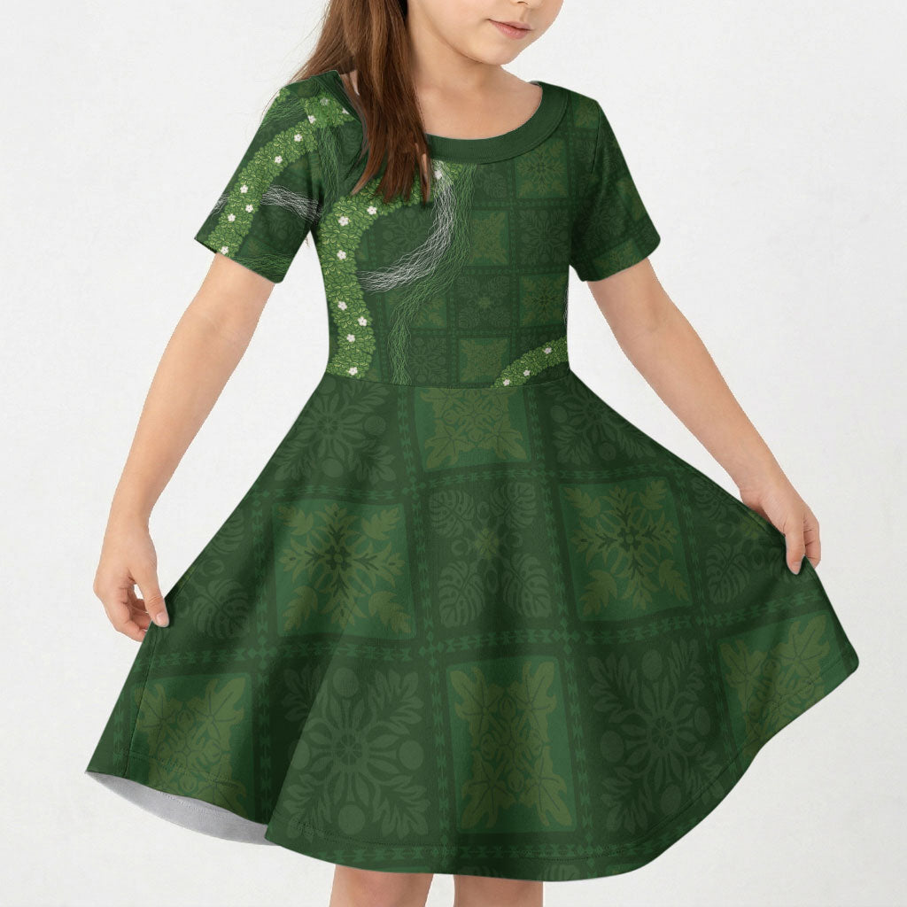 Hawaiian Quilt Kid Short Sleeve Dress Pele Hair Hinahina Lei Green Version LT05 KID Green - Polynesian Pride