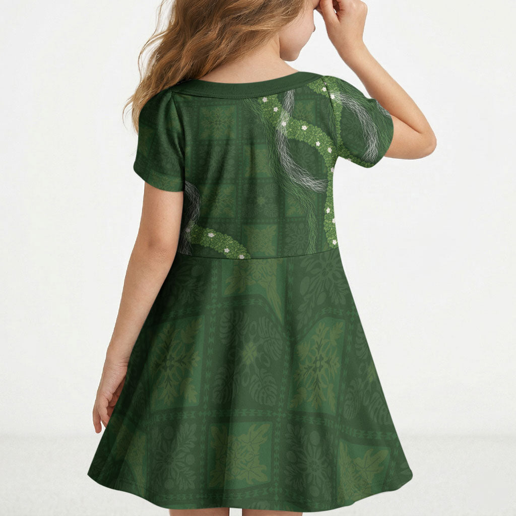 Hawaiian Quilt Kid Short Sleeve Dress Pele Hair Hinahina Lei Green Version LT05 - Polynesian Pride