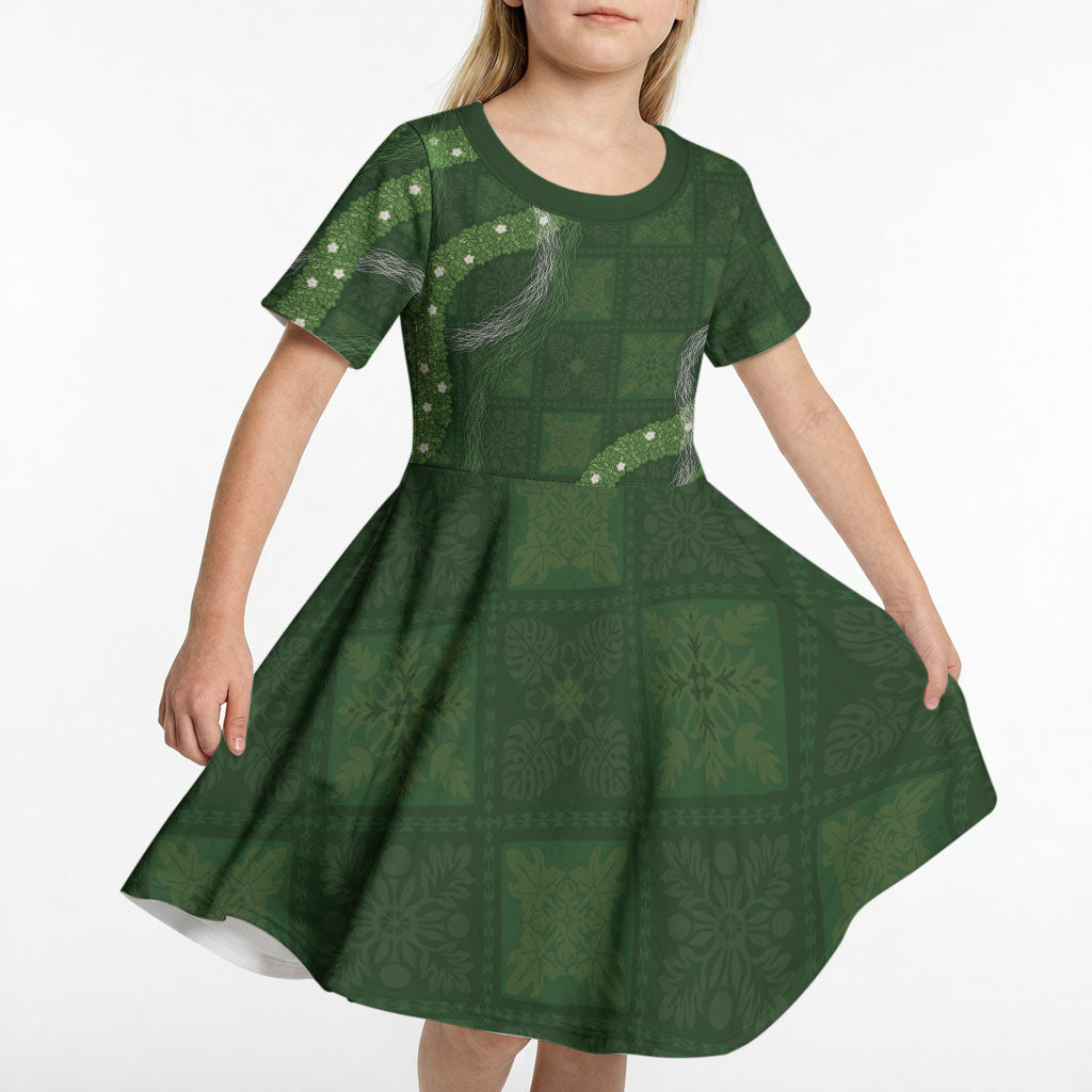 Hawaiian Quilt Kid Short Sleeve Dress Pele Hair Hinahina Lei Green Version LT05 - Polynesian Pride