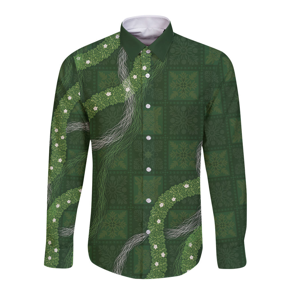Hawaiian Quilt Long Sleeve Button Shirt Pele Hair Hinahina Lei Green Version