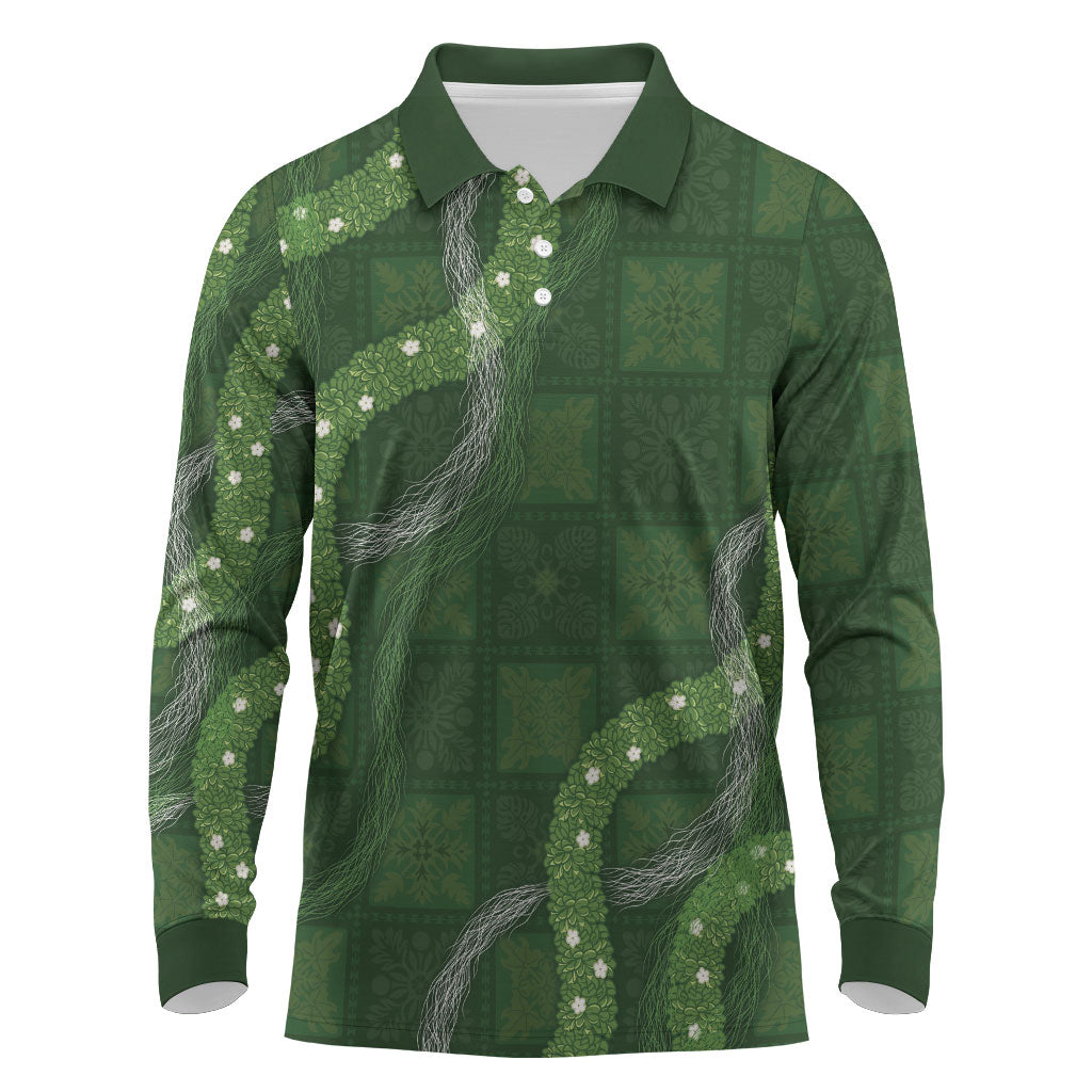 Hawaiian Quilt Long Sleeve Polo Shirt Pele Hair Hinahina Lei Green Version LT05 Green - Polynesian Pride