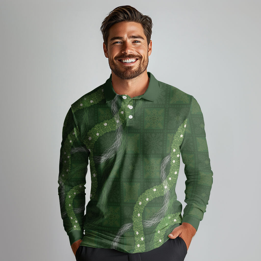 Hawaiian Quilt Long Sleeve Polo Shirt Pele Hair Hinahina Lei Green Version LT05 - Polynesian Pride