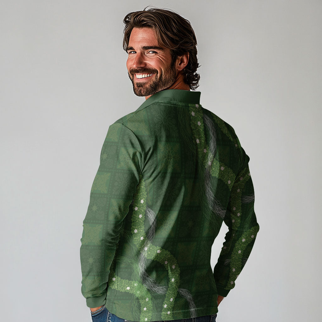 Hawaiian Quilt Long Sleeve Polo Shirt Pele Hair Hinahina Lei Green Version LT05 - Polynesian Pride