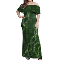 Hawaiian Quilt Off Shoulder Maxi Dress Pele Hair Hinahina Lei Green Version