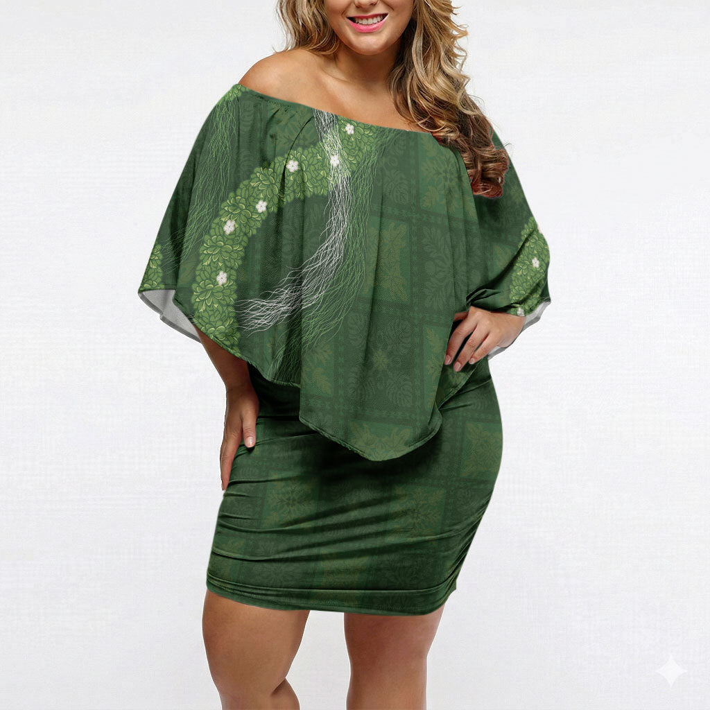 Hawaiian Quilt Off Shoulder Short Dress Pele Hair Hinahina Lei Green Version LT05 Women Green - Polynesian Pride