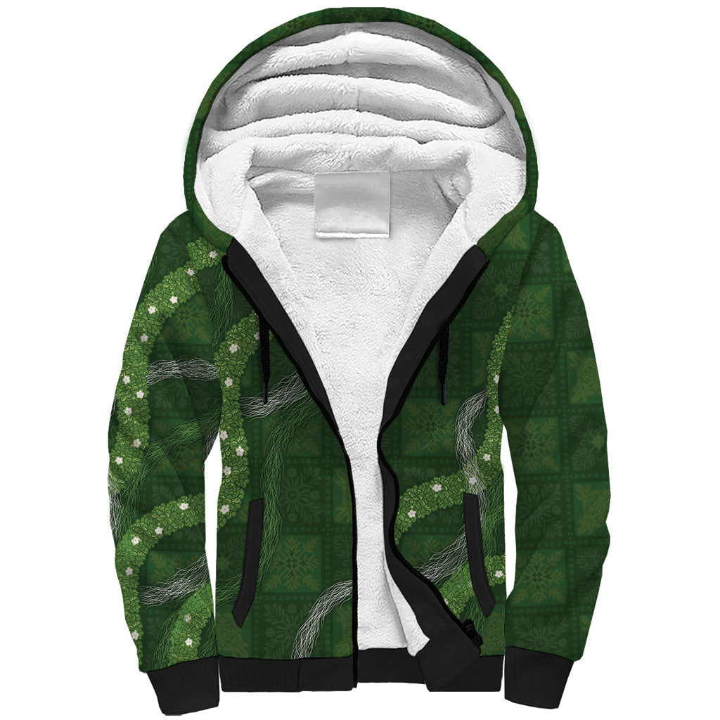 Hawaiian Quilt Sherpa Hoodie Pele Hair Hinahina Lei Green Version