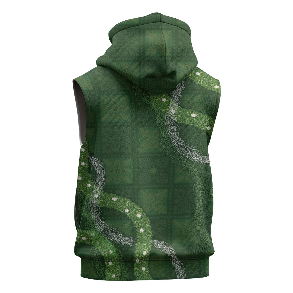 Hawaiian Quilt Sleeveless Zip Hoodie Pele Hair Hinahina Lei Green Version