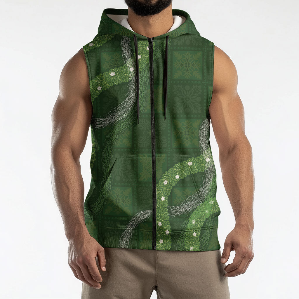 Hawaiian Quilt Sleeveless Zip Hoodie Pele Hair Hinahina Lei Green Version