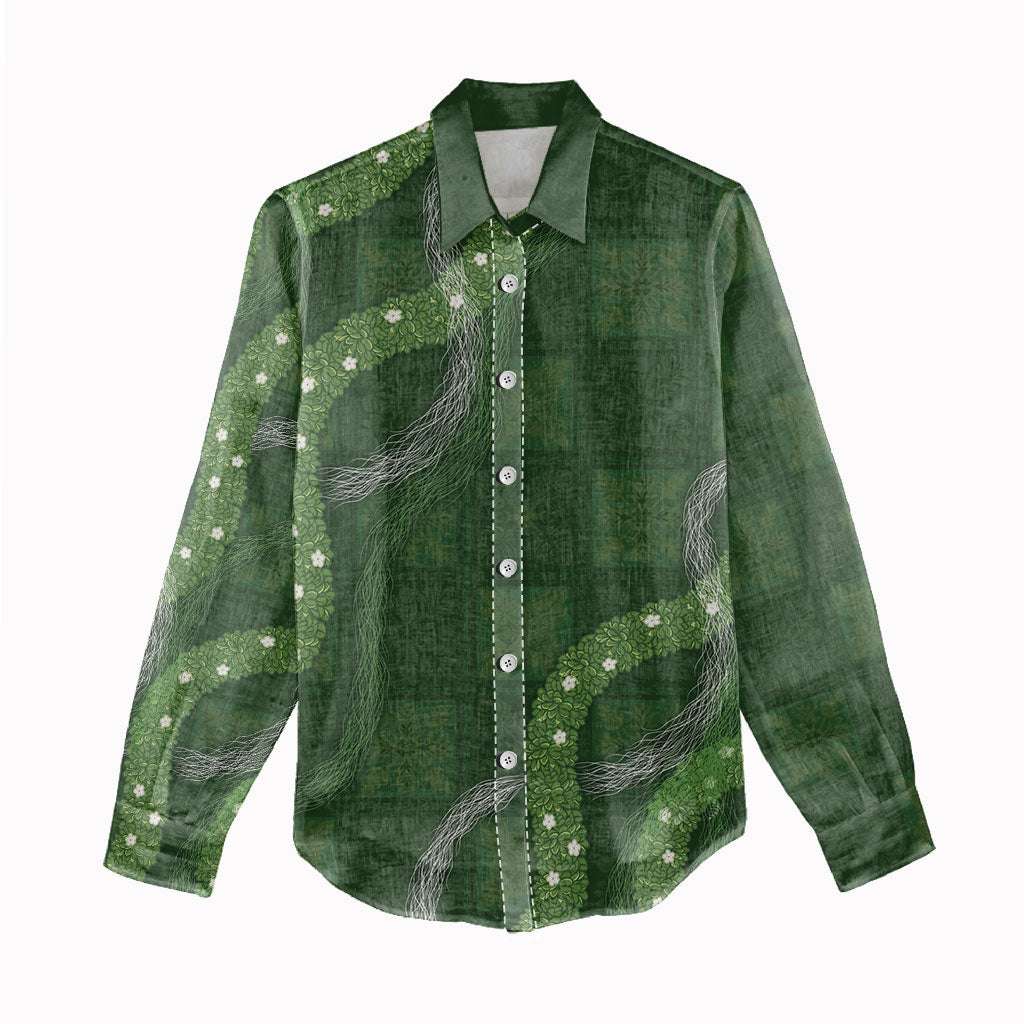 Hawaiian Quilt Women Casual Shirt Pele Hair Hinahina Lei Green Version