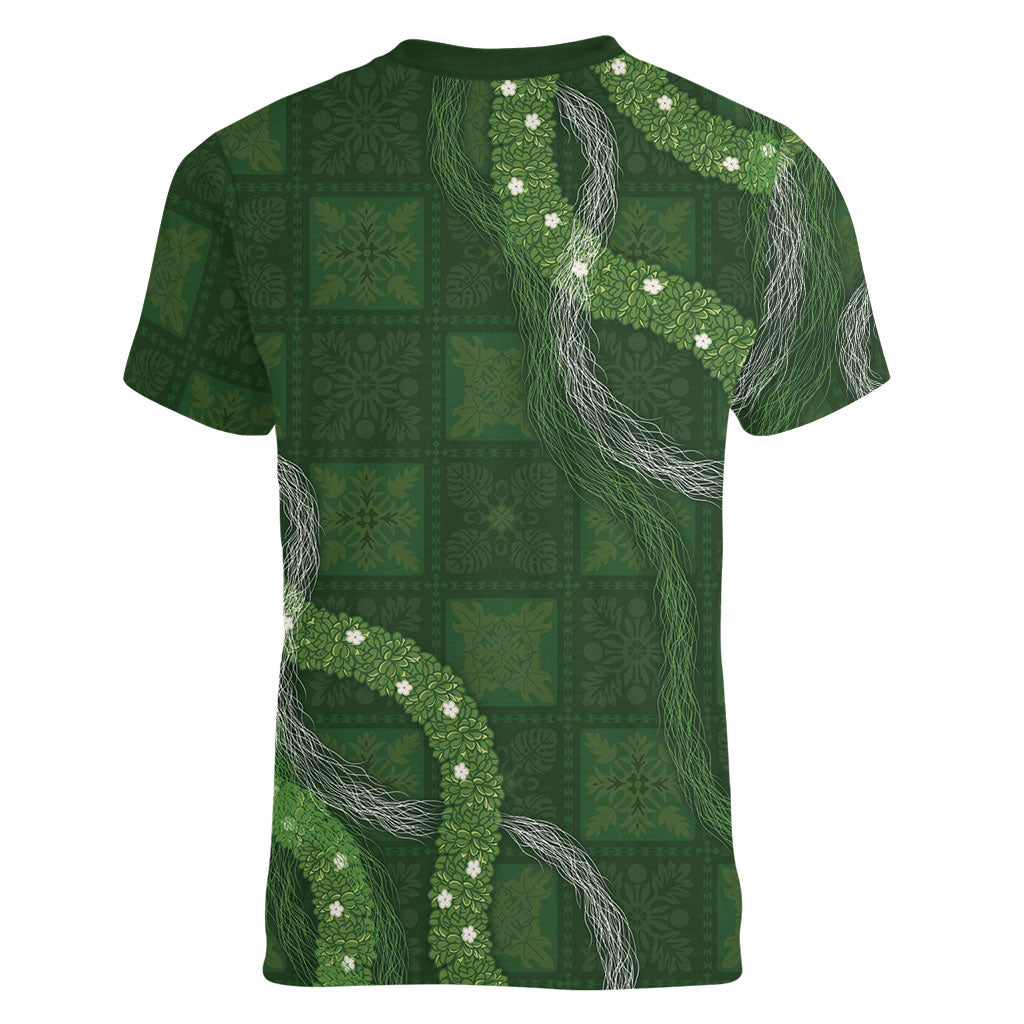 Hawaiian Quilt Women V-Neck T-Shirt Pele Hair Hinahina Lei Green Version