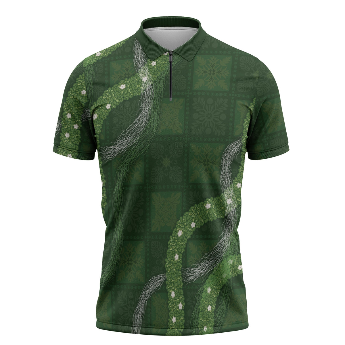 Hawaiian Quilt Zipper Polo Shirt Pele Hair Hinahina Lei Green Version LT05 Green - Polynesian Pride