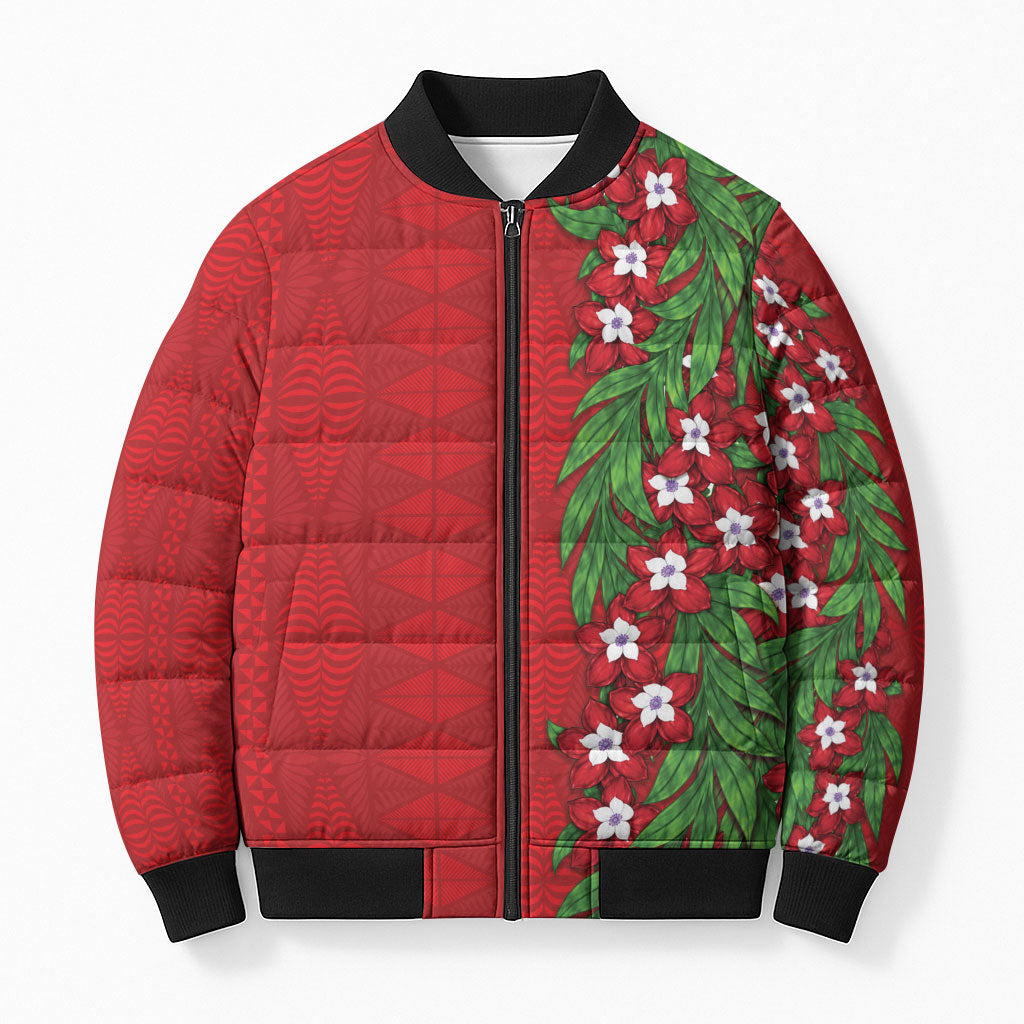 Tonga Language Week Bomber Puffer Jacket Heilala Floral Red LT05 Unisex Red - Polynesian Pride
