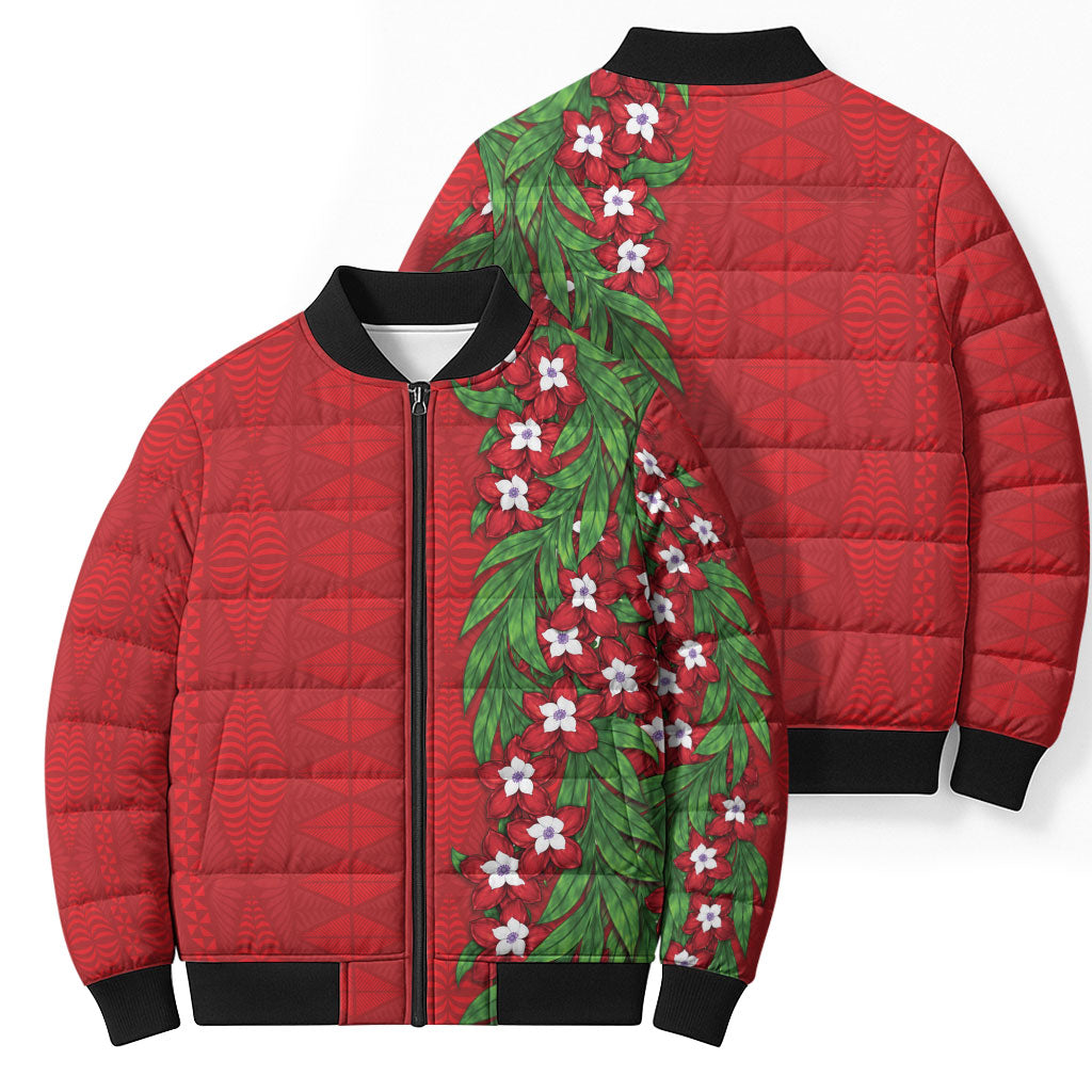 Tonga Language Week Bomber Puffer Jacket Heilala Floral Red LT05 - Polynesian Pride