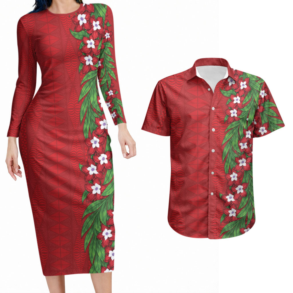 Tonga Language Week Couples Matching Long Sleeve Bodycon Dress and Hawaiian Shirt Heilala Floral Red LT05 Red - Polynesian Pride