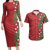 Tonga Language Week Couples Matching Long Sleeve Bodycon Dress and Hawaiian Shirt Heilala Floral Red LT05 Red - Polynesian Pride